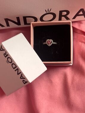 Pandora Silver Ring with Pink Heart Stone and Accent Crystals